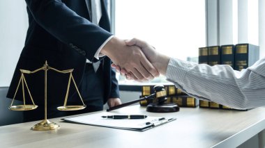 Erkek avukat ve müvekkil arasındaki istişare üzerine el sıkışma, mal varlığıyla ilgili tavsiyeler ve kovuşturmalar.