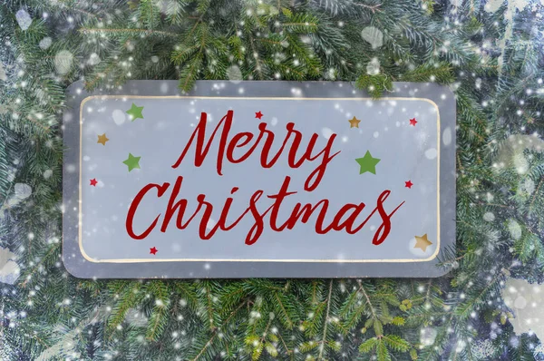 Wooden Sign Fir Branches Snowflakes Black Ice Message Merry Christmas — Stock Photo, Image