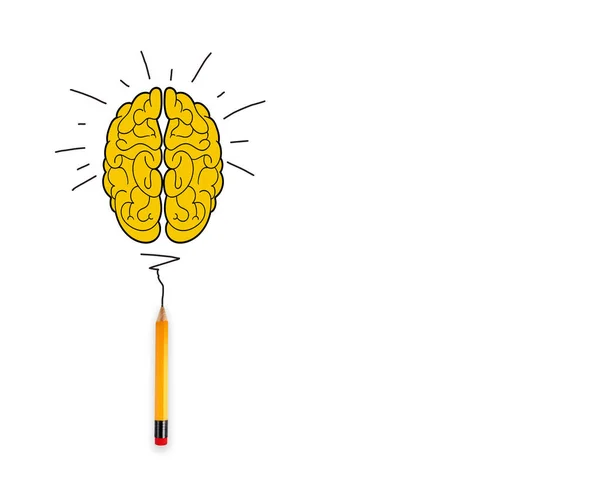 Yellow Brain Light Bulb Metaphor Idea Pencil Isolated White Background — Stock Photo, Image