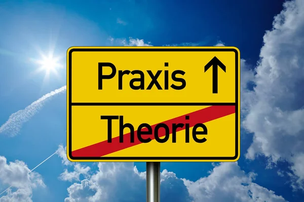 Road sign with the german words for practice and theory - Praxis und Theorie in front of a blue sky