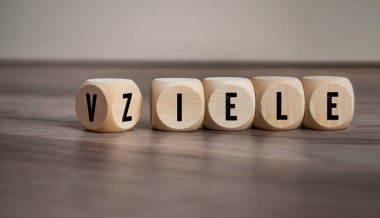 Almanca hedef veya hedef anlamına gelen küp, zar ya da blok - Ziele ahşap arkaplan