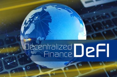 DEFI kısaltmalı bir bilgisayar klavyesindeki camdan yapılmış dünya - Yerel Finans
