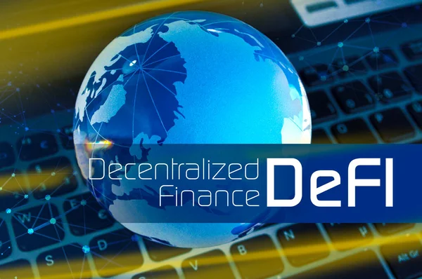 Defiという頭字語でコンピュータキーパッド上のガラスで作られたグローブ 分散金融 — ストック写真