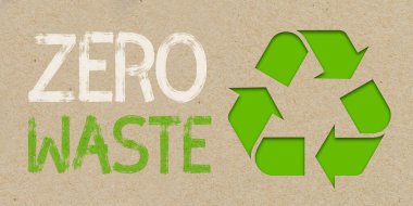 Çevresel kelimelerle illüstrasyon: Zeo atığı, geri dönüşümlü kağıt arka planda dünya ve geri dönüşüm simgesi olan bir gezegen yok.