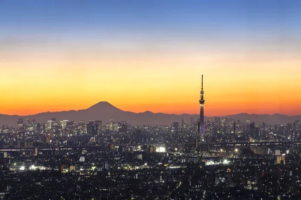 东京的城市景观在晚上与富士山和东京天空树 — 图库照片