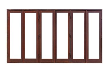 Koyu kahverengi menteşeli ahşap kapı beyaz arka planda izole edilmiş.