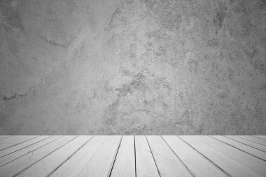 Beton duvarlar, beyaz ahşap döşeme dokusu ve pürüzsüz arka plan.