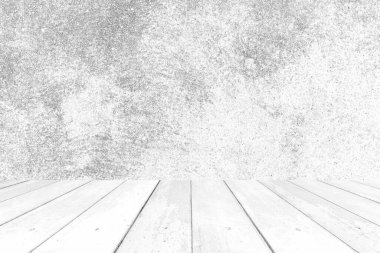 Beton duvarlar, beyaz ahşap döşeme dokusu ve pürüzsüz arka plan.