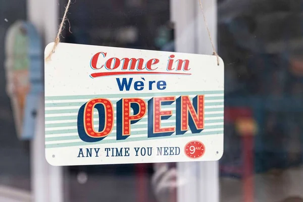 Open Sign Hanging Front Door Store — Stock Photo, Image