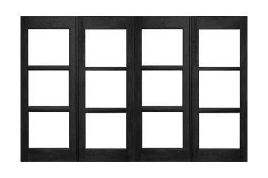 Beyaz bir arkaplanda izole edilmiş eski siyah boyalı ahşap pencere çerçevesi