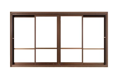 Kahverengi kayan alüminyum pencere çerçevesi beyaz bir arkaplanda izole edildi