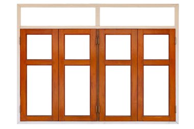 Beyaz bir arkaplanda izole edilmiş eski kahverengi boyalı ahşap pencere çerçevesi