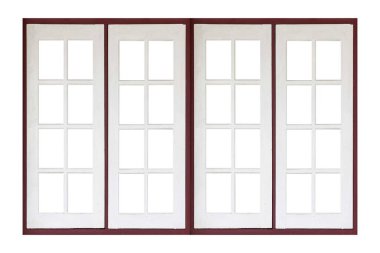 Beyaz arkaplanda izole edilmiş beyaz boyanmış ahşap pencere çerçevesi