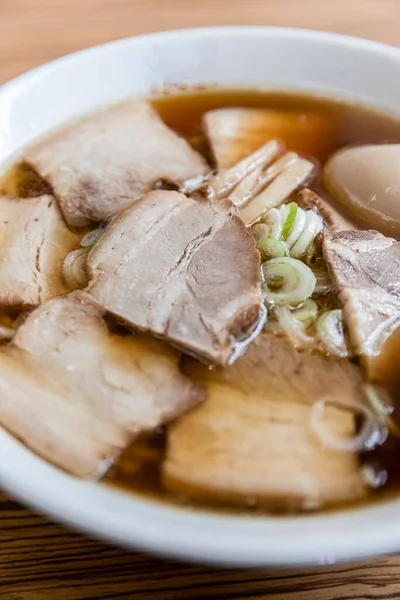 Asian Food Japanese Style Ramen Noodles Placed Brown Wooden Table —  Fotos de Stock