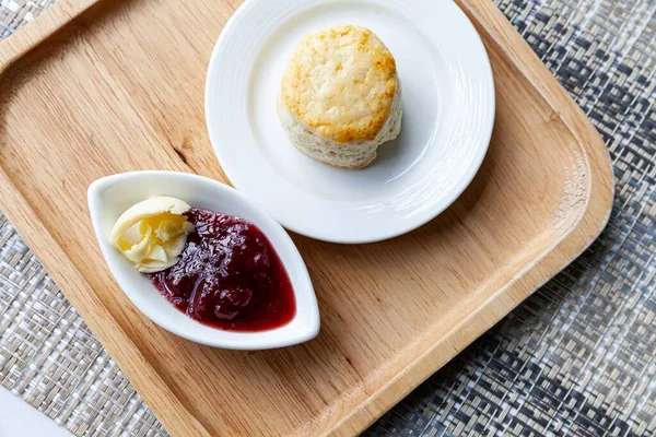 Scones Strawberry Jam Cups Wooden Trays Tables Cafe — Stock Photo, Image