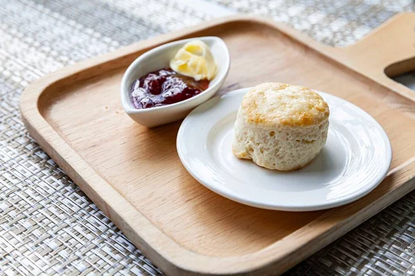 Scones Strawberry Jam Cups Wooden Trays Tables Cafe — Stock Photo, Image