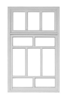 Cam pencereli beyaz tahta pencere çerçeveleri, beyaz arkaplanda Çin tarzı izole edilmiş.