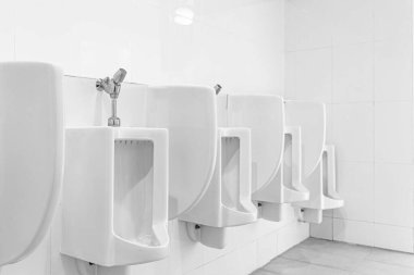 Erkekler tuvaletinde beyaz seramik pisuarlar.