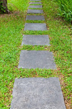 Bahçedeki yeşil çimlerde desenli gri granit kaldırımlar.