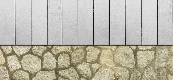 Panorama Białego Drewna Ogrodzenia Brązowy Kamień Bloku Ściany Wzór Tło — Zdjęcie stockowe