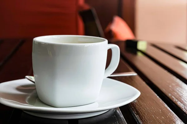 Tazza Caffè Posizionata Sul Piano Del Tavolo Legno — Foto Stock