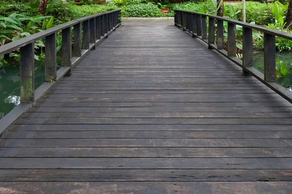 Pont Bois Sombre Traverse Étang Dans Jardin Tropical — Photo