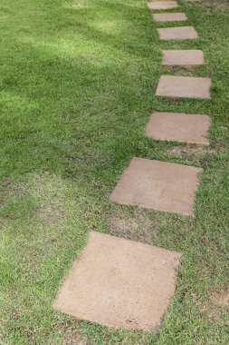 Bahçedeki yeşil çimlerde desenli kahverengi granit kaldırımlar.