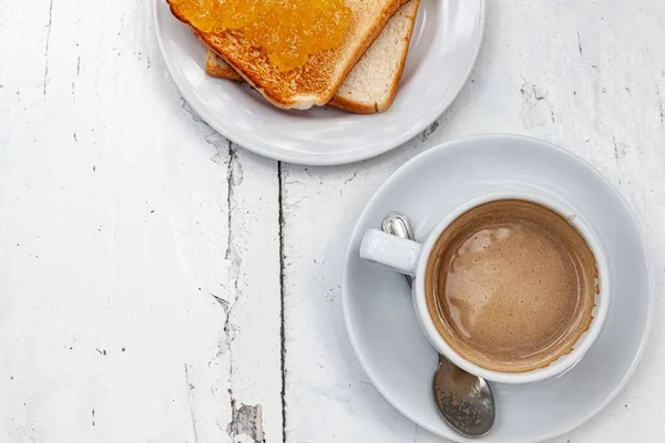 Set Desayuno Café Caliente Tostadas Mermelada Piña — Foto de Stock