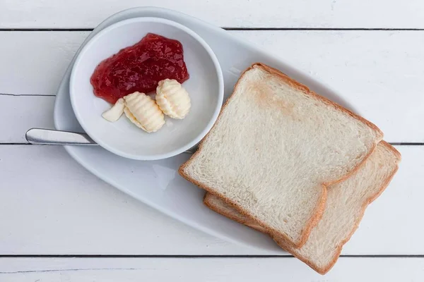 Piatto Colazione Pane Tostato Marmellata Con Burro — Foto Stock