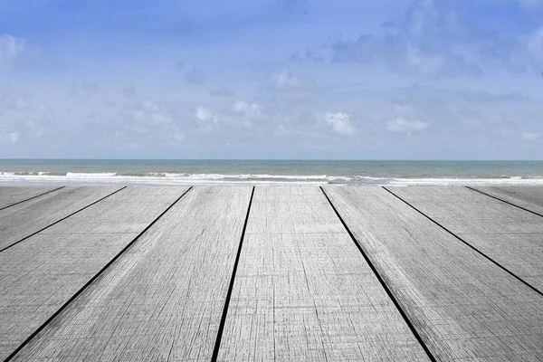 Perspectiva Madera Sobre Fondo Imagen Mar Parte Superior Vacía Mesa — Foto de Stock