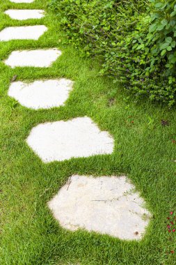 Bahçedeki yeşil çimlerde desenli beyaz granit yürüyüş yolları.