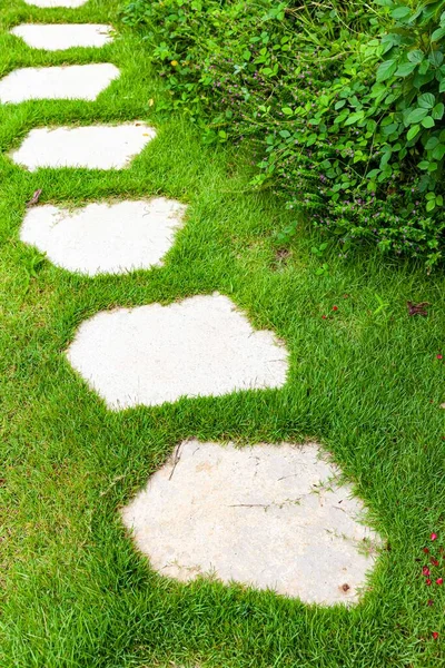 White Granite Walkway Slabs Patterned Green Lawns Garden — Stock Photo, Image