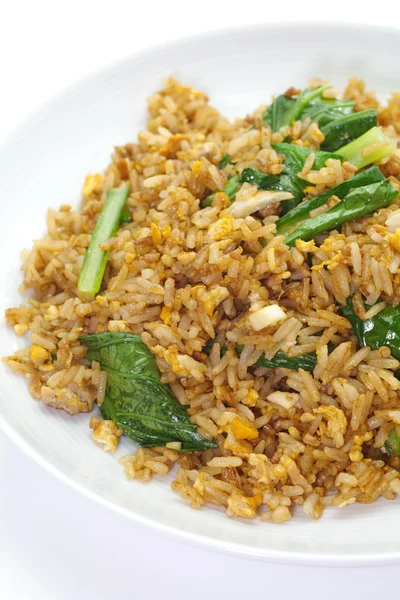 Жареный рис со свининой и зеленым луком-порей — стоковое фото