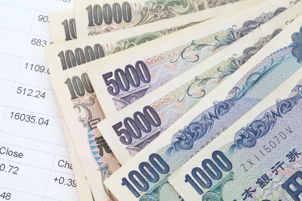 Japanische Währung Yen Banknoten und Finanzdiagramm — Stockfoto