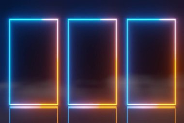 Soyut teknoloji LED ekranlar mavi turuncu parlayan neon çizgi animasyon arka planı 3D