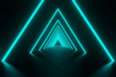Soyut fütüristik akış Dijital veri neon Parlayan ışık üçgeni arkaplan 3D