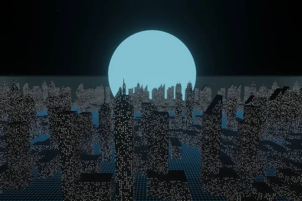 Elvont Futurisztikus Sci Izzó Város Tájkép Hold Éjszakai Égbolt Háttér — Stock Fotó