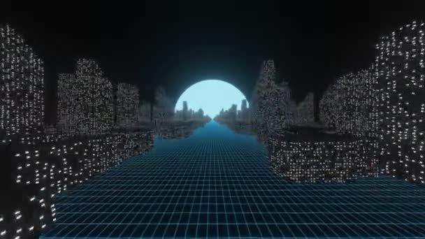 Abstracto Futurista Ciencia Ficción Ciudad Brillante Landscap Con Luna Cielo — Vídeo de stock