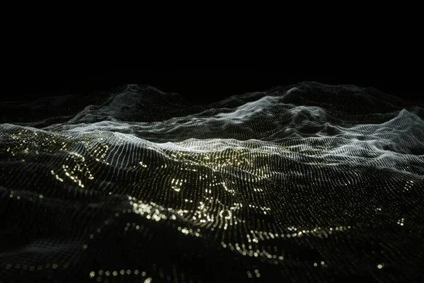 概要未来型技術金光沢粒子波暗背景3Dレンダリング ロイヤリティフリーのストック写真