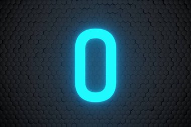 Siyah altıgen zemin üzerinde parlayan mavi Neon Işık Geri sayımı 10 'a 0 numara 3B