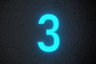 Siyah altıgen zemin üzerinde parlayan mavi Neon Işık Geri sayımı 10 'a 0 numara 3B