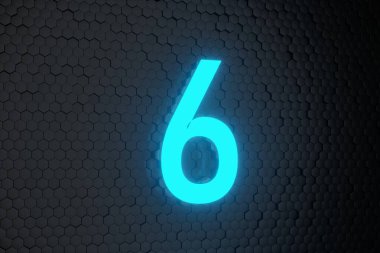Siyah altıgen zemin üzerinde parlayan mavi Neon Işık Geri sayımı 10 'a 0 numara 3B