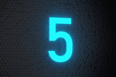 Siyah altıgen zemin üzerinde parlayan mavi Neon Işık Geri sayımı 10 'a 0 numara 3B