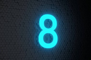 Siyah altıgen zemin üzerinde parlayan mavi Neon Işık Geri sayımı 10 'a 0 numara 3B