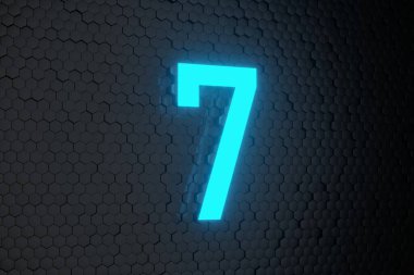 Siyah altıgen zemin üzerinde parlayan mavi Neon Işık Geri sayımı 10 'a 0 numara 3B
