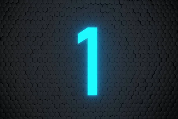 Azzurro Incandescente Neon Light Countdown Numero Sfondo Esagonale Nero Rendering — Foto Stock