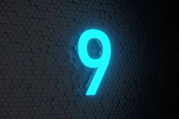 Glowing Blue Neon Light Countdown Number Black Hexagon Background Rendering — Stock Photo, Image