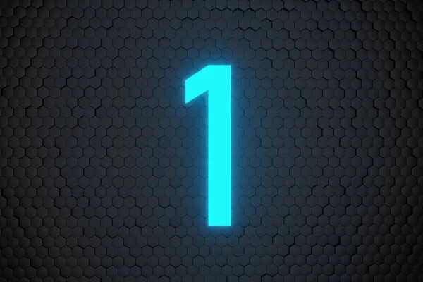 육각형 렌더링 Glowing Blue Neon Light Countdown Number Black Hexagon 로열티 프리 스톡 이미지