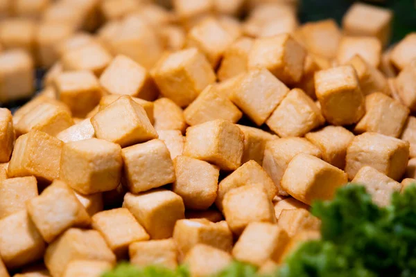 Primer Plano Tofu Pescado Frito Mercado Tailandés Alimentos Callejeros Imagen De Stock