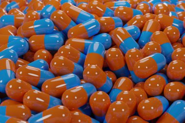 Mavi ve turuncu tıbbi kapsül kapsül üretimini fabrikada 3 boyutlu olarak tamamlayın.